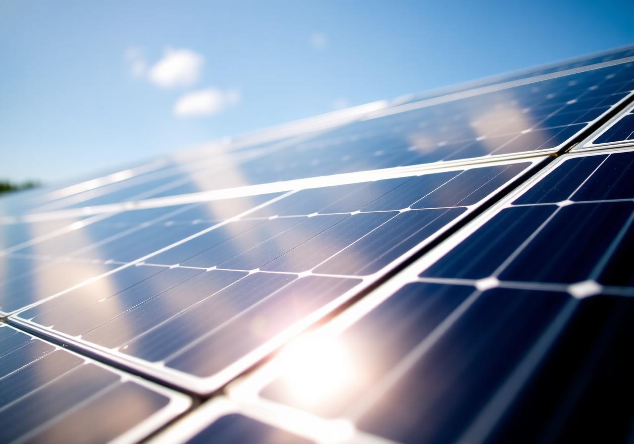 Solar panels reflecting blue sky